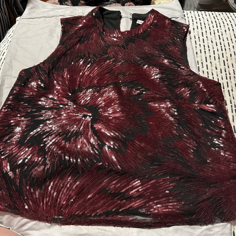 Nanette Lepore Burgundy and Black Sequin Sleeveless Blouse